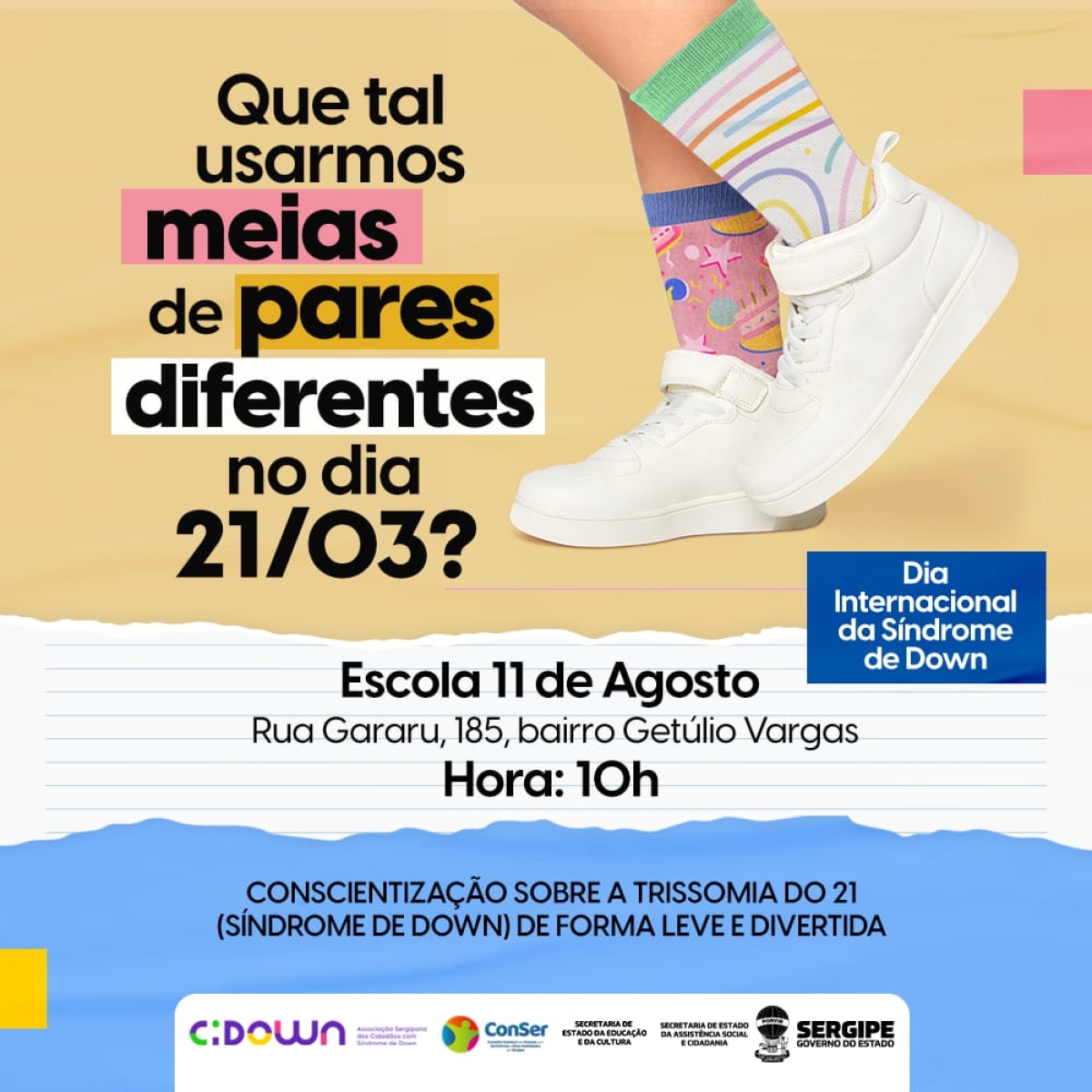 Dia Internacional da Síndrome de Down: jovens irão para escola com meias de pares diferentes no dia 21 de março - Arte: Keyla Souza | Ascom Seasc