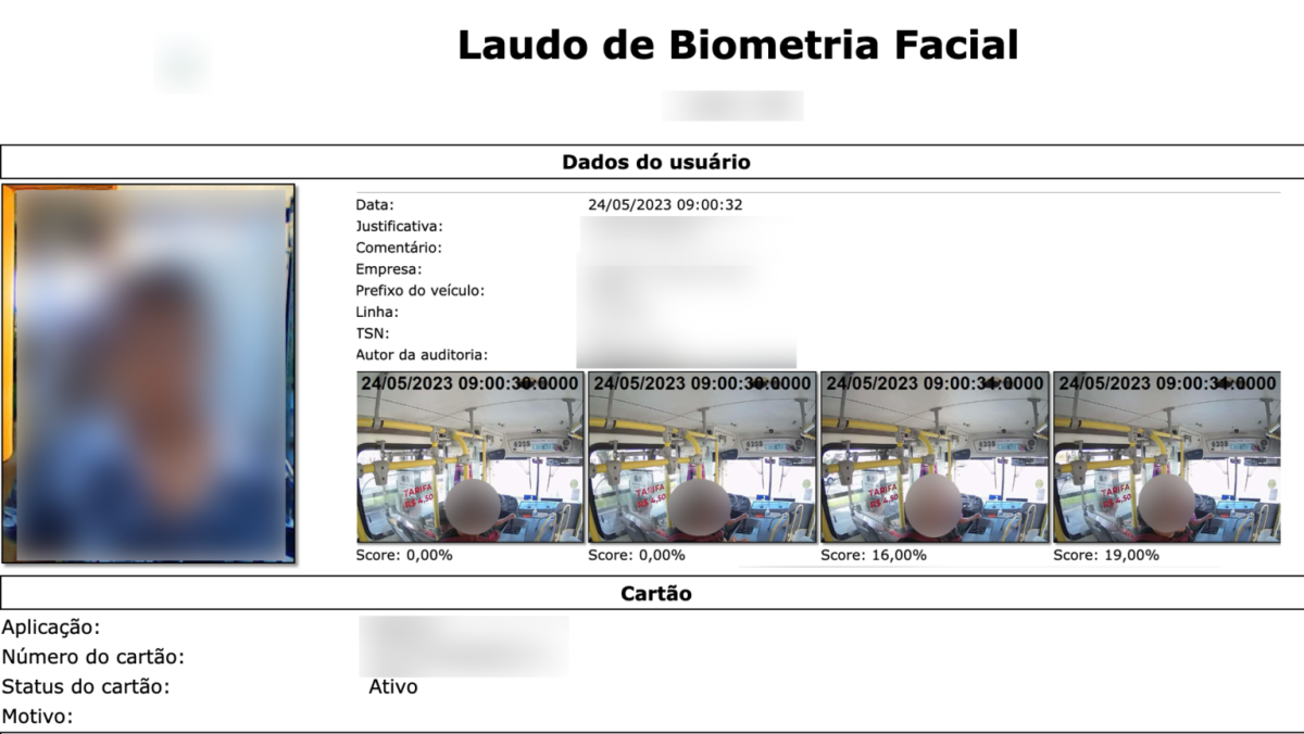 Exemplo de imagens registradas através da biometria facial no transporte coletivo