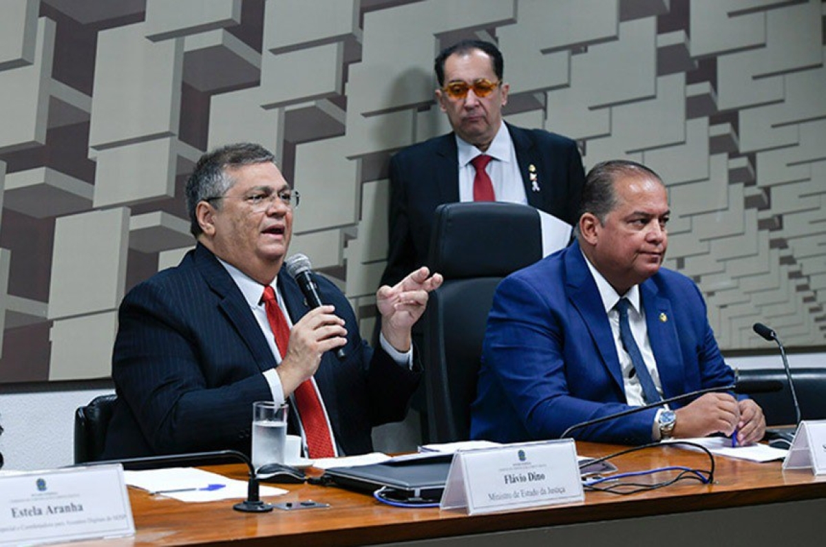 Dino falou ao lado do presidente da comissão, Eduardo Gomes (em pé, senador Kajuru) - Foto: 
Edilson Rodrigues | Agência Senado