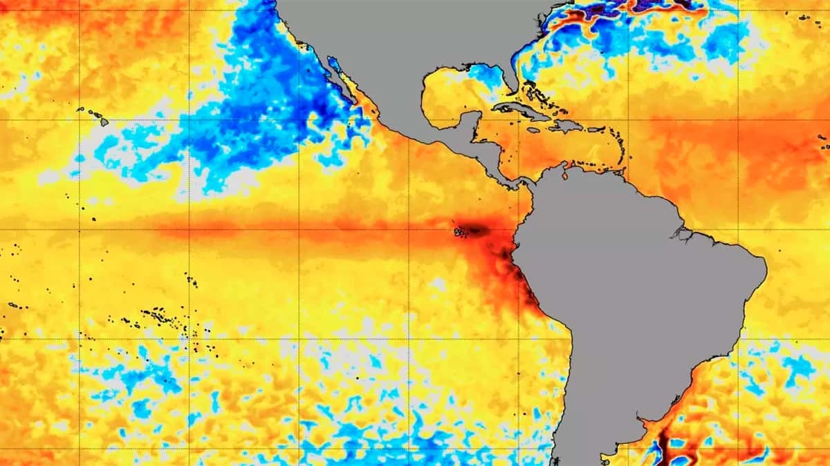 Mapa das Américas com fenômeno climático El Niño destacado nos oceanos - Imagem: Reprodução | MetSul