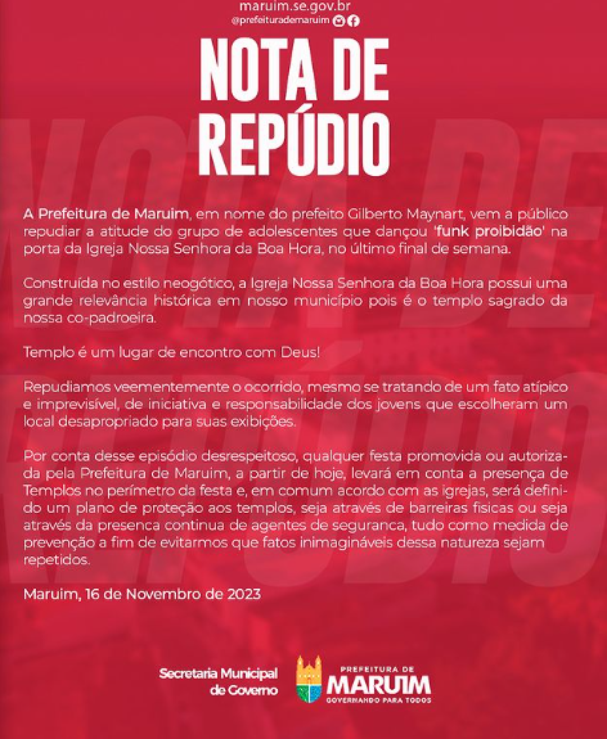 Nota da Prefeitura de Maruim - Imagem: Reprodução | Prefeitura de Maruim