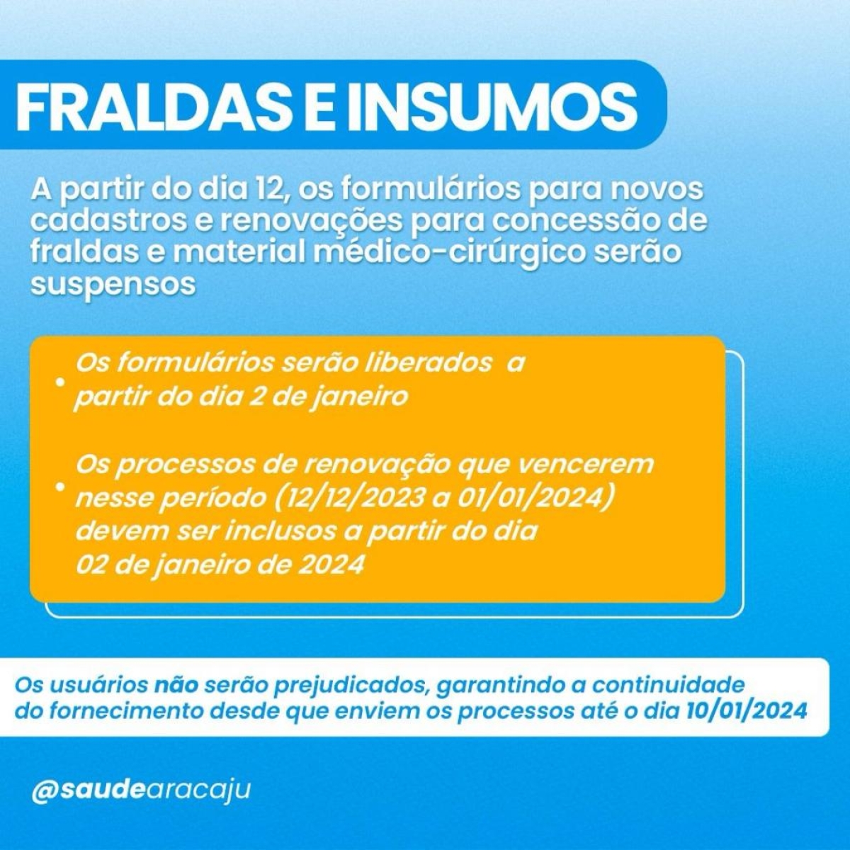 Saúde de Aracaju suspende temporariamente formulário para aquisição de fraldas e material médico cirúrgico - Arte: Ascom | SMS | Prefeitura de Aracaju