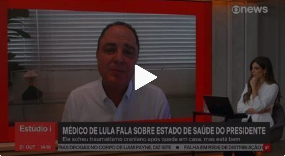 Médico de Lula detalha acidente doméstico: "Ele foi sentar num banco, veio para trás e bateu com a nuca" - Foto: Reprodução/GloboNews/G1
