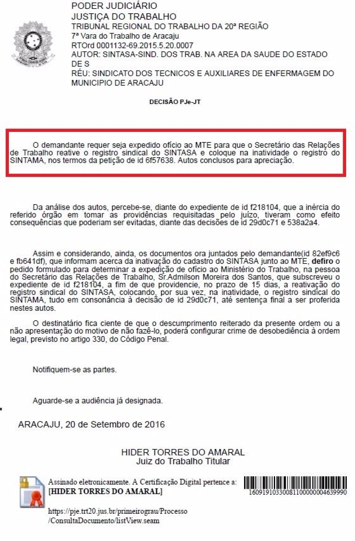 Justia confirma registro sindical do Sintasa em Aracaju e perda de registro do Sintama (Imagem: Reproduo | Via Sintasa)