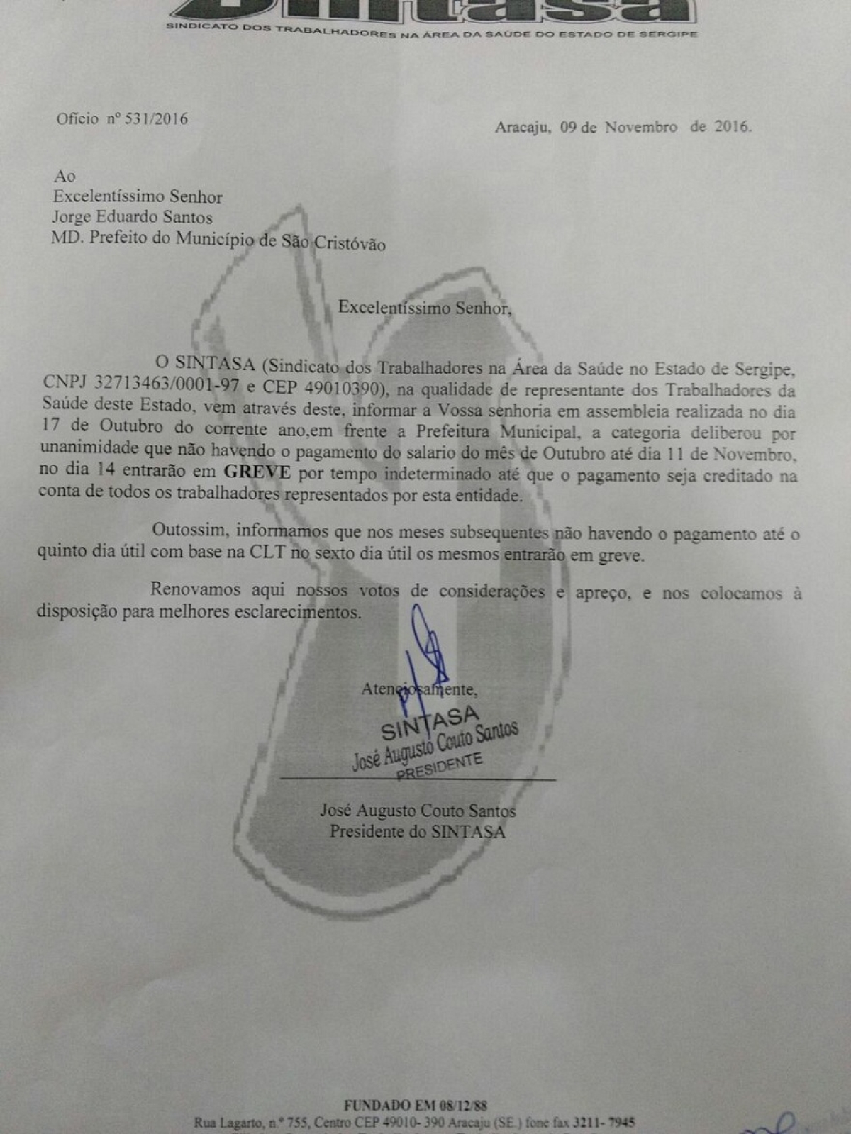 Servidores da Sade de So Cristvo podero entrar em greve dia 14 (Imagem: Sintasa)