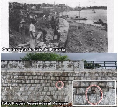 Das canoas de toldas s ficaram as argolas no cais onde elas eram amarradas (Imagem: Propri antigamente e Adeval Marques/Montagem/Adeval Marques/Propri News)