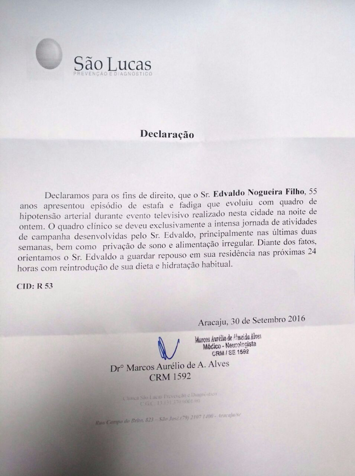 Declarao do mdico (Imagem: Reproduo | Via Assessoria Edvaldo Nogueira)