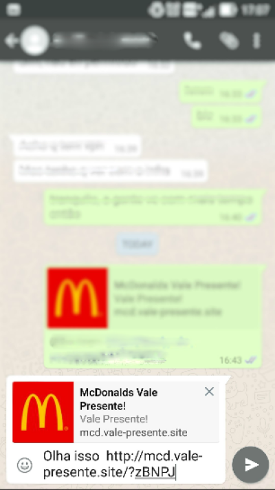 PSafe alerta: McDonald?s volta a ser isca em golpe no WhatsApp (Imagem: Reproduo/WhatsApp | Via Zeno Group)